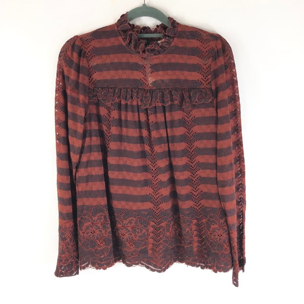 See U Soon Womens Blouse Top High Neck Ruffle Lace Keyhole Striped Burgundy S